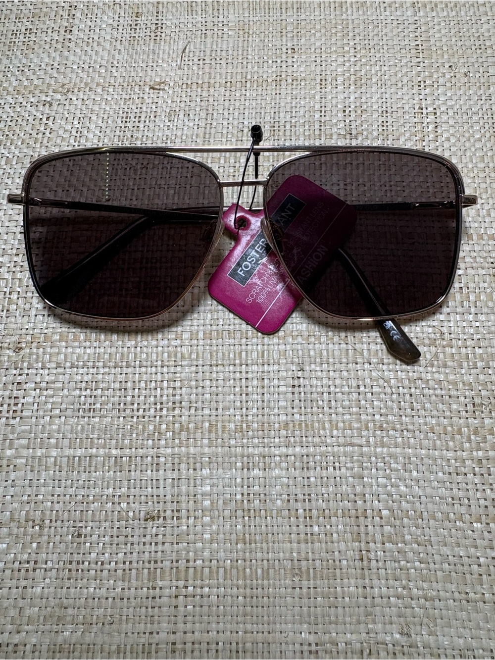 NWT Foster Grant Oversized Square Aviator Sunglasses Brown Gold Metal